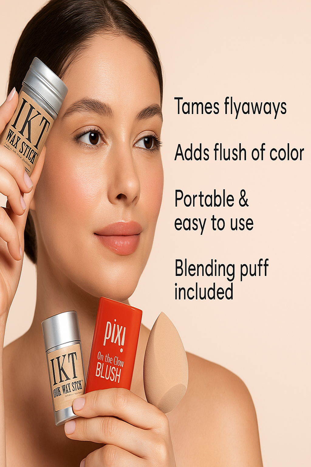 IKT Hair Wax Stick + Pixi On-the-Glow Blush – Juicy | Flat 50% OFF + Free Beauty Blender Puff